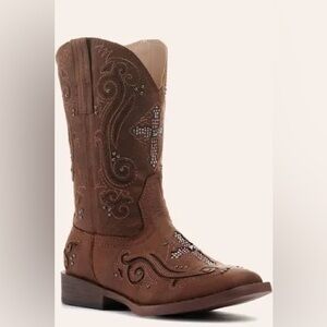Roper faux leather brown cowboy boots cross girls size 8 western casual trendy